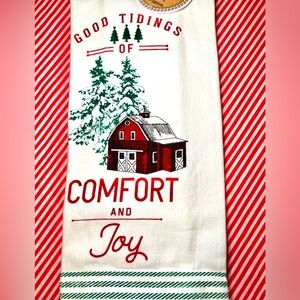 2 Christmas Red Barn Kitchen Towels Good Tidings of Comfort and Joy Farmhouse